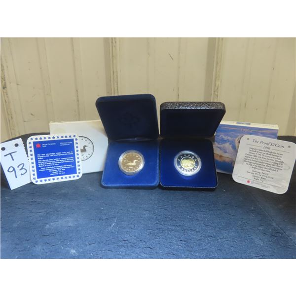 1987 Canadian Proof Loonie and 1996 Proof Toonie