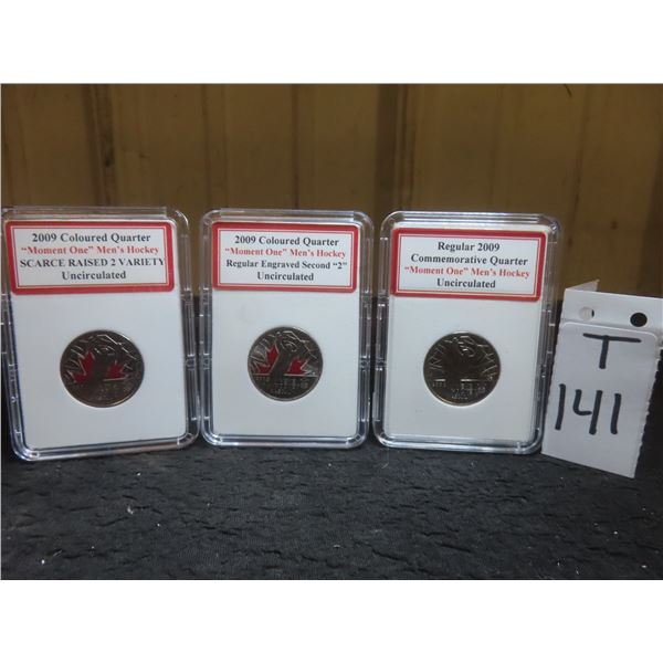 Three 2009 Canadian Uncirculated 'Moment One' Men's Hockey Quarters