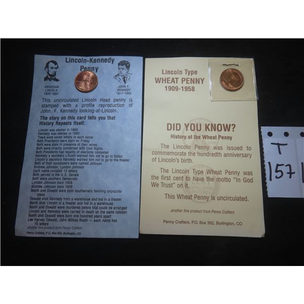 Two Uncirculated U.S. Pennies: 1997 Lincoln-Kennedy and 1958 Lincoln Wheat