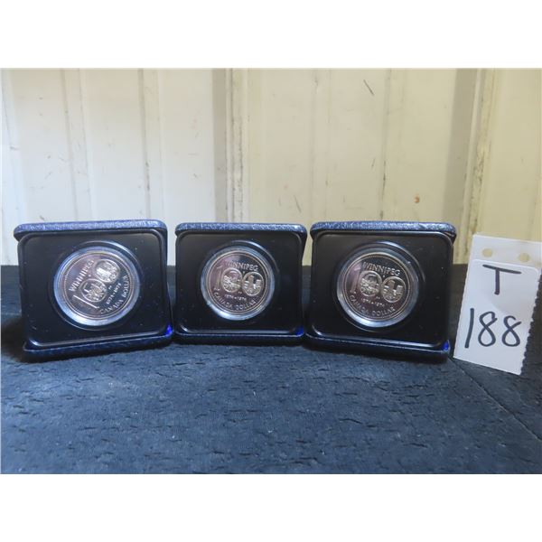 Three Canadian 1974 Winnipeg Centennial Uncirculated Dollar Coins