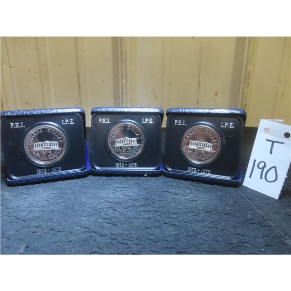 Three Canadian 1973 PEI Centennial Uncirculated Dollar Coins