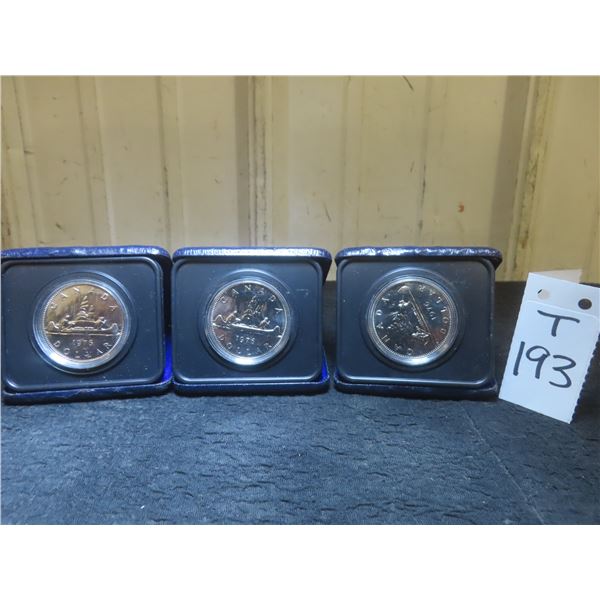 Three Canadian 1976 Uncirculated Dollar Coins