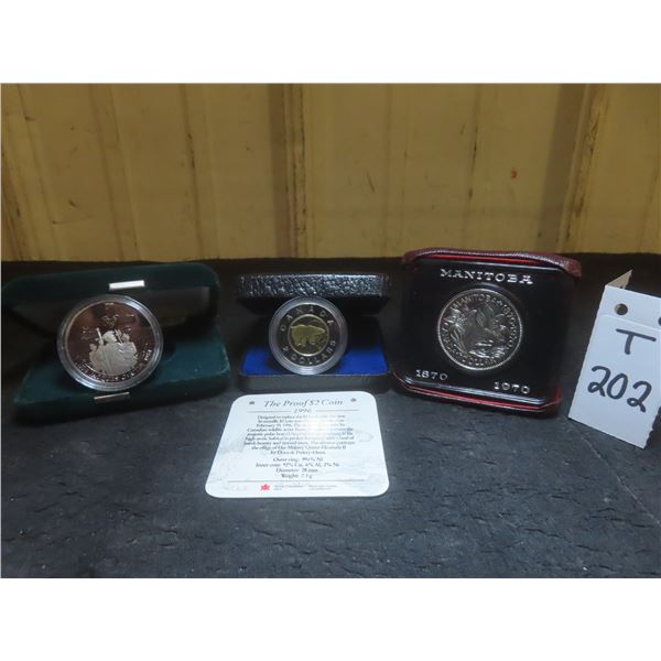 1996 Proof Cdn $2 Coin, Uncirc 1970 MB  Centennial $1 Coin, and 1984 Jacques Cartier $1 Coin