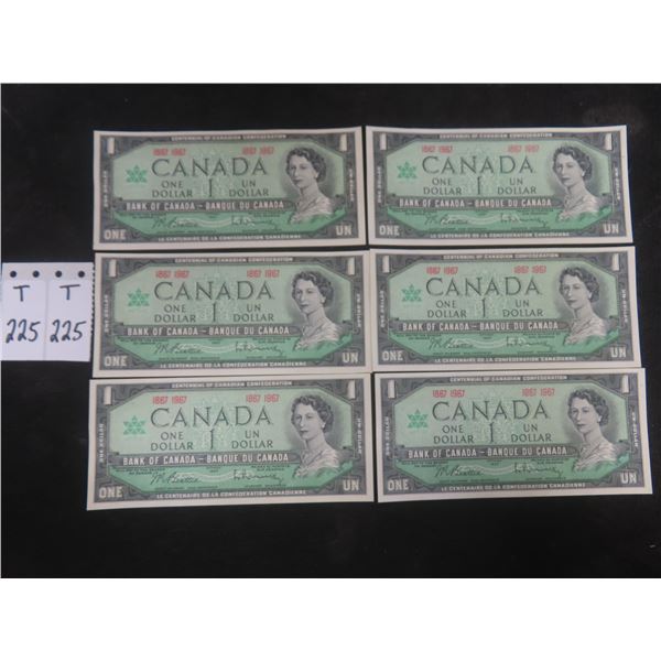 Six 1967 Canadian Centennial One Dollar Bills, Uncirculated