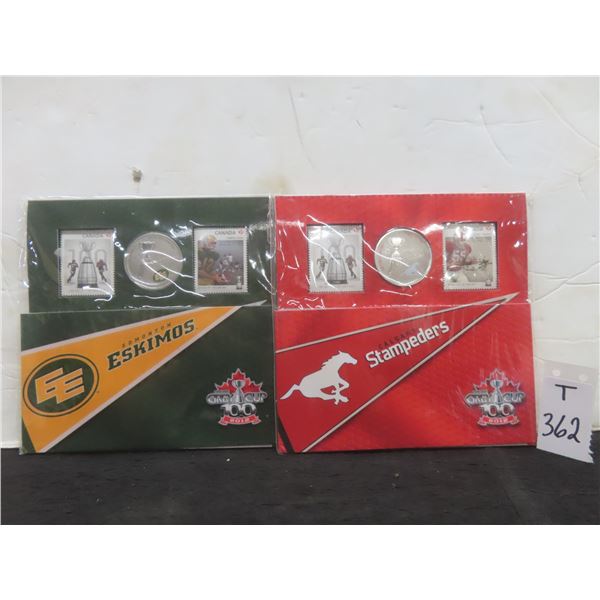 Two 2012 Canadian Grey Cup Coin And Stamp Sets: Calgary Stampeders And Edmonton Eskimos