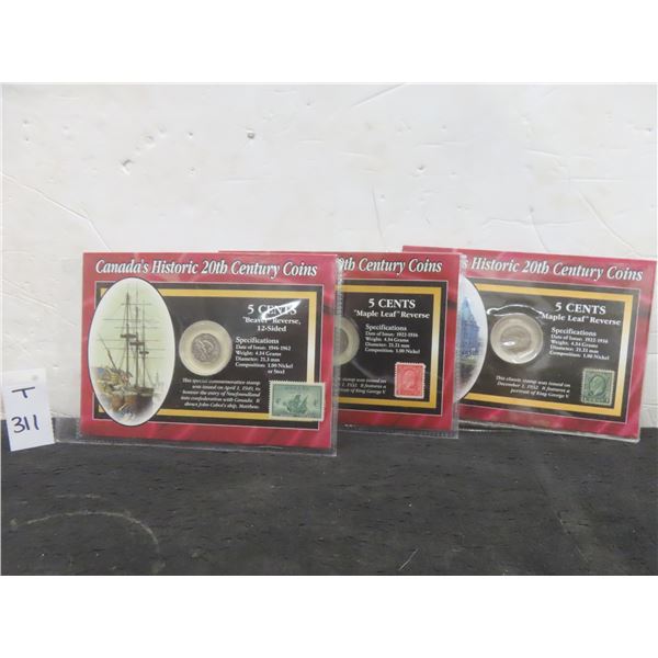 Three Historic 20th-Century Coins; Two Maple Leaf Nickels (1922, 1924) And Beaver 12-Sided (1960)