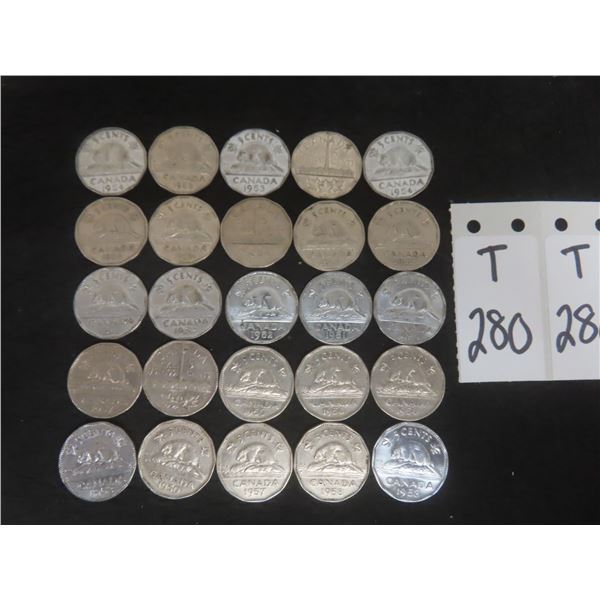 Twenty-five 1950's Canadian 5¢ Coins