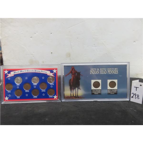 Two U.S. Indian Head Pennies 1898 and 1903 and WW2 Lincoln Penny Collection with COA
