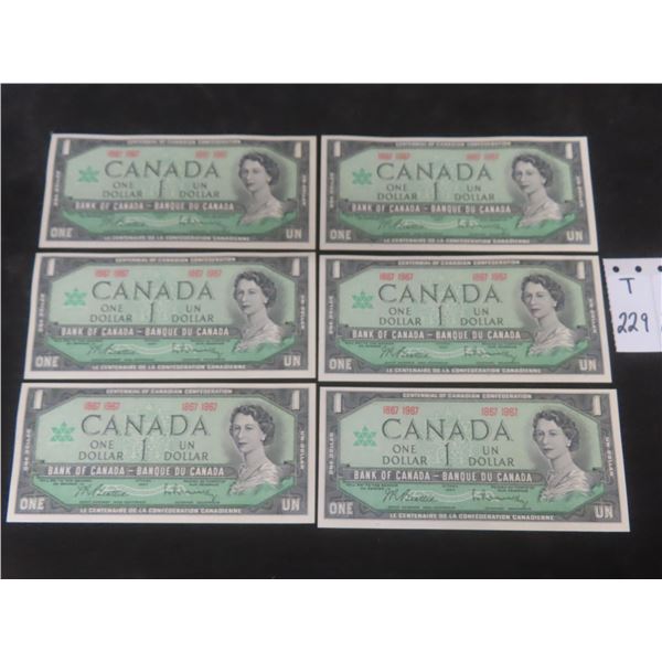 6 1967 Canadian Centennial $1 Bills, Uncirculated
