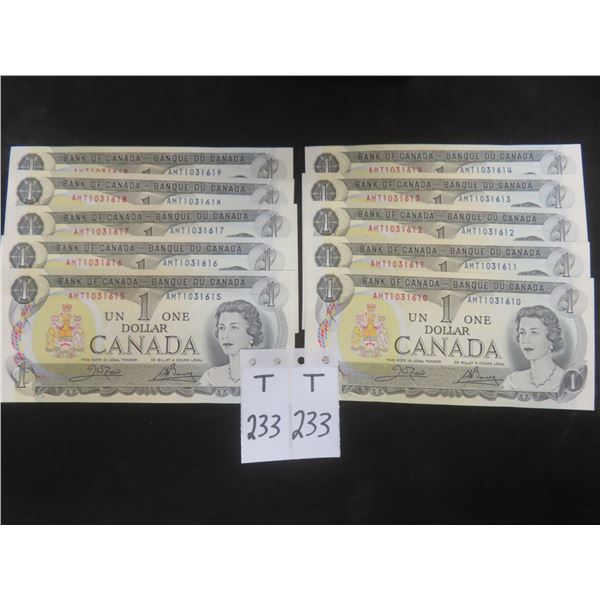 10 1973 Canadian $1 Bills, Uncirculated, With Consecutive Serial Numbers