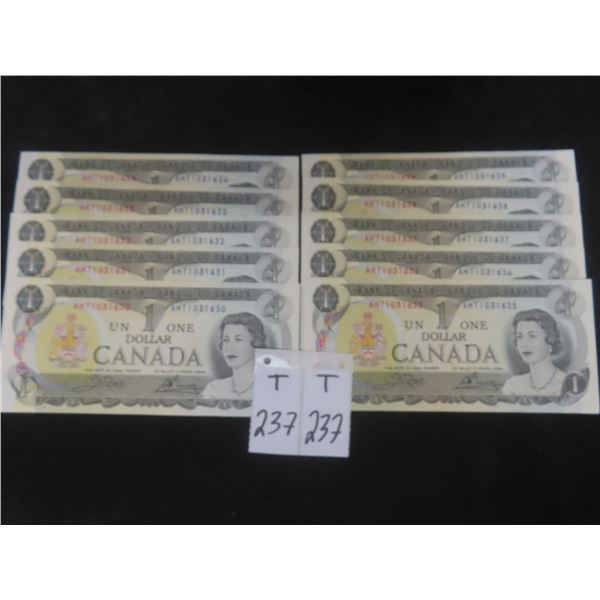 10 1973 Canadian $1 Bills, Uncirculated, With Consecutive Serial Numbers