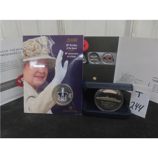 QE2 Cunard Line Medal; 2006 Canada QEII 80th Birthday 25¢; 2010 Remembrance Day 25¢