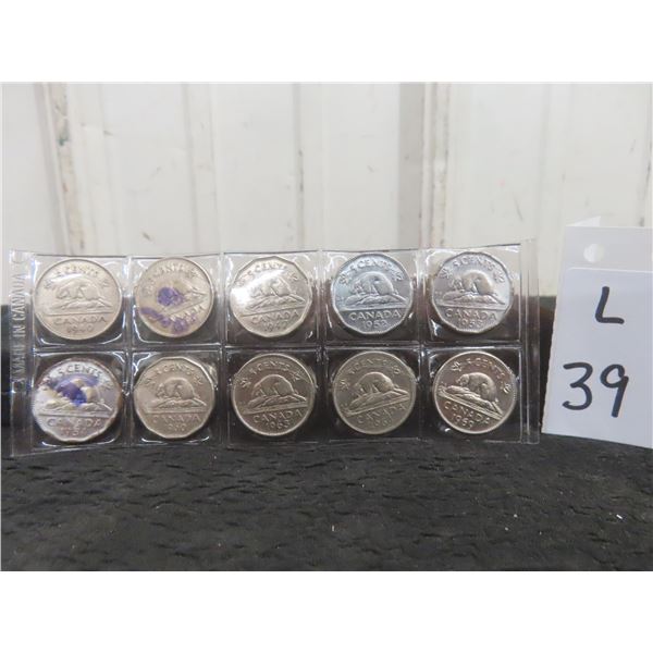 10 Canadian 5¢ Coins, 1940–1969