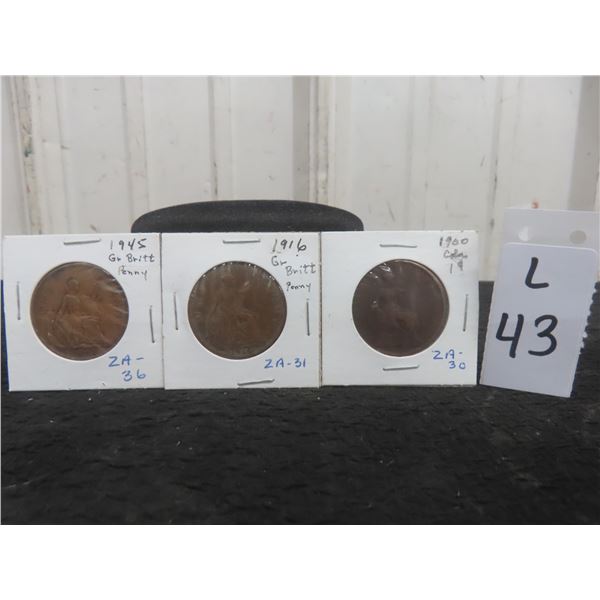 3 British One Penny Coins: 1900, 1916, 1945