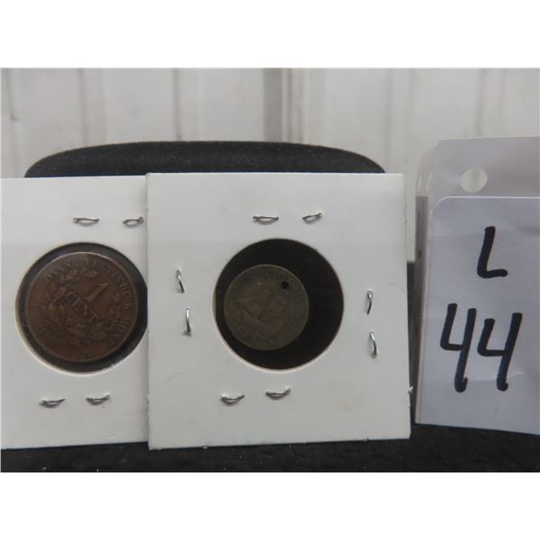 2 Danish West Indies Coins: 1860 1¢ Coin and 1859 5¢ Coin