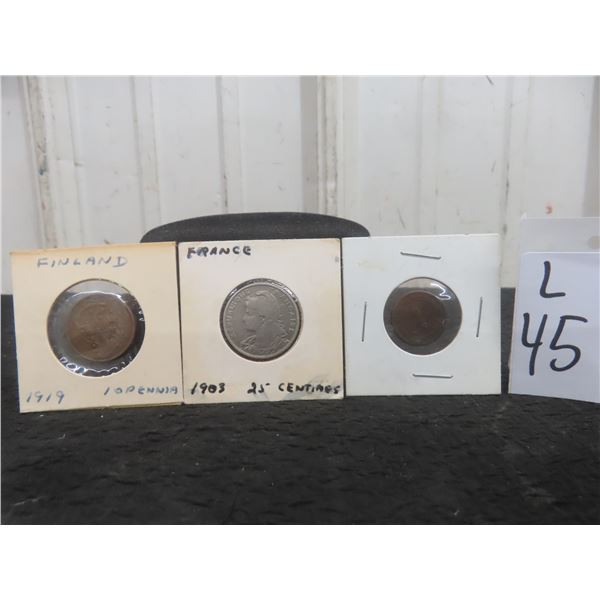 3 Mixed Coins — 1900 German Empire 1 Pfennig; 1908 French 25 Centimes; 1919 Finnish 10