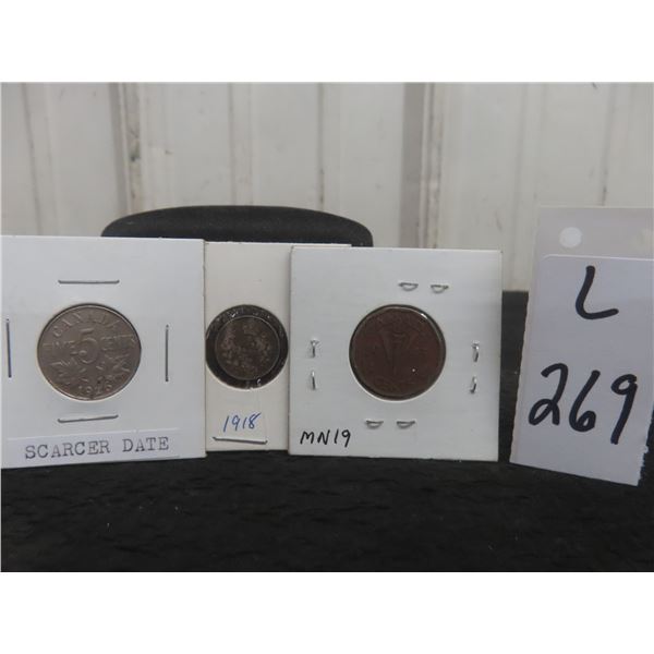 3 Canadian 5¢ Coins: 1918, 1926, 1943