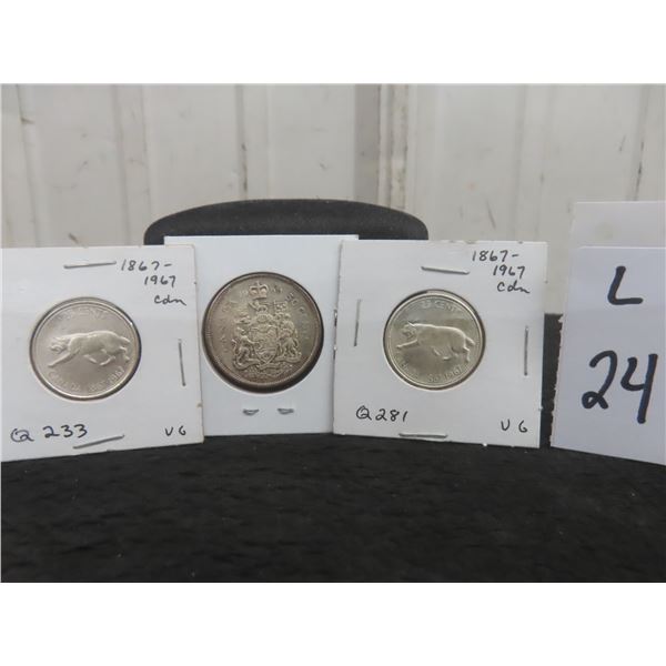3 Coins — 2 1967 Canadian Centennial 25¢ and 1 1965 50¢
