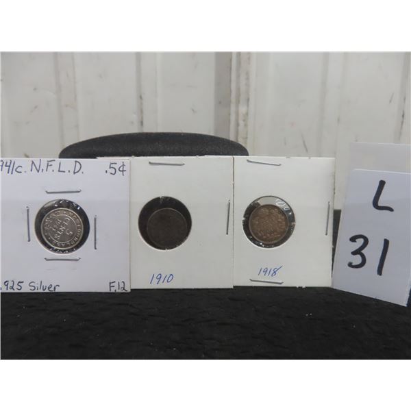 3 Coins — 1941 Newfoundland 5¢; Canadian 5¢ Coins (1910 & 1918)
