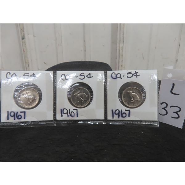 3 Canadian 5¢ Coins — 1967 Centennial