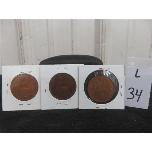 3 British One Penny Coins: 1940, 1949, 1964