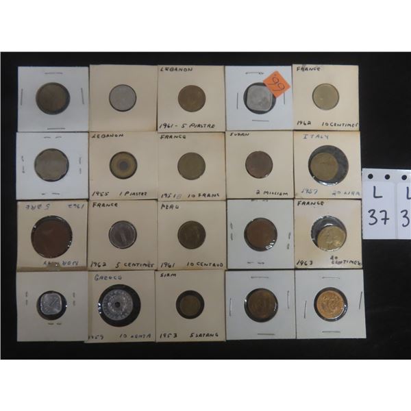 20 World Currency Coins, Mostly from the 1950s–1960s: Greece, France, Italy, Lebanon, and More