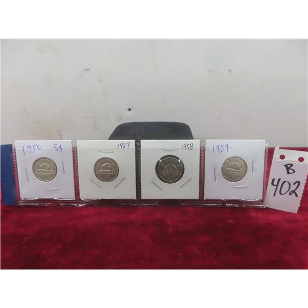 Set of Four Canadian Nickels: 1956, 1957, 1958, 1959