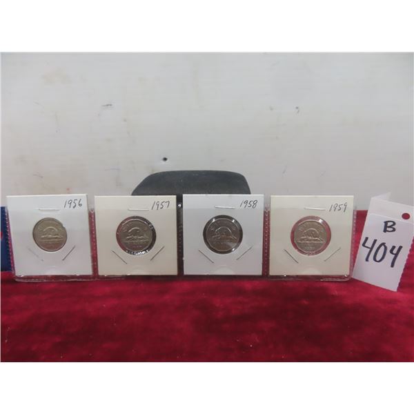 Set of Four Canadian Nickels: 1956, 1957, 1958, 1959