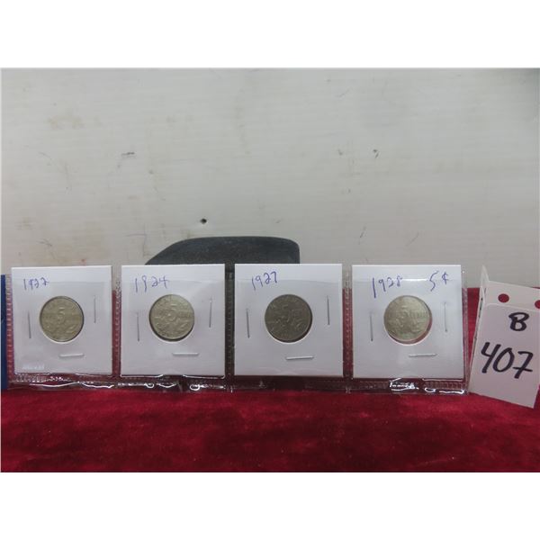 Set of Four Canadian Nickels: 1922, 1924, 1927, 1928