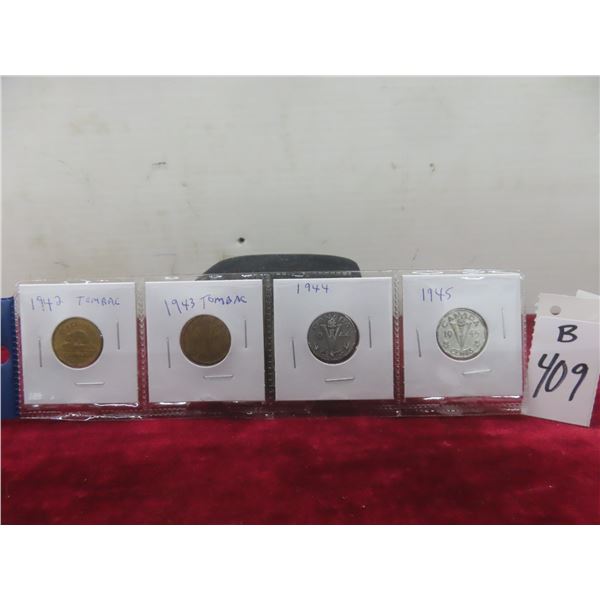 Set of Four Canadian Nickels: 1942 Tombac, 1943 Tombac, 1944, 1945