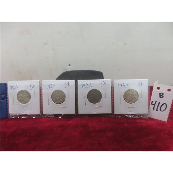 Set of Four Canadian Nickels: 1927, 1928, 1929, 1930