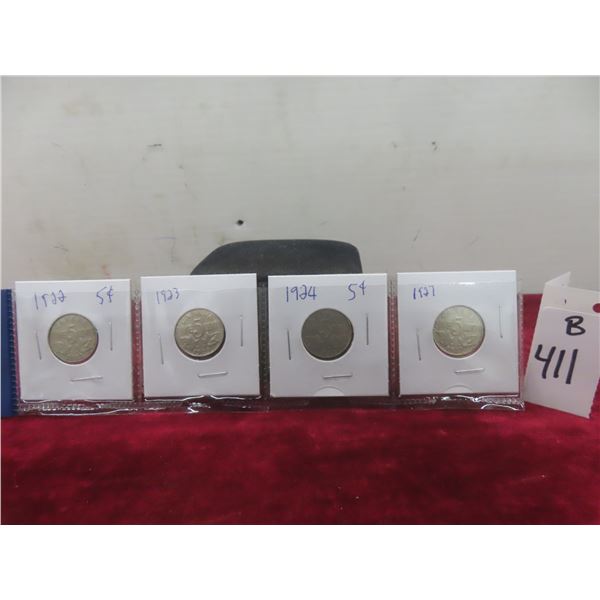 Set of Four Canadian Nickels: 1922, 1923, 1924, 1927