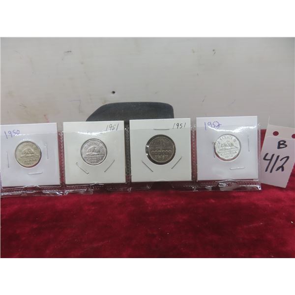 Set of Four Canadian Nickels: 1950, 1951, 1951 Commemorative, 1952