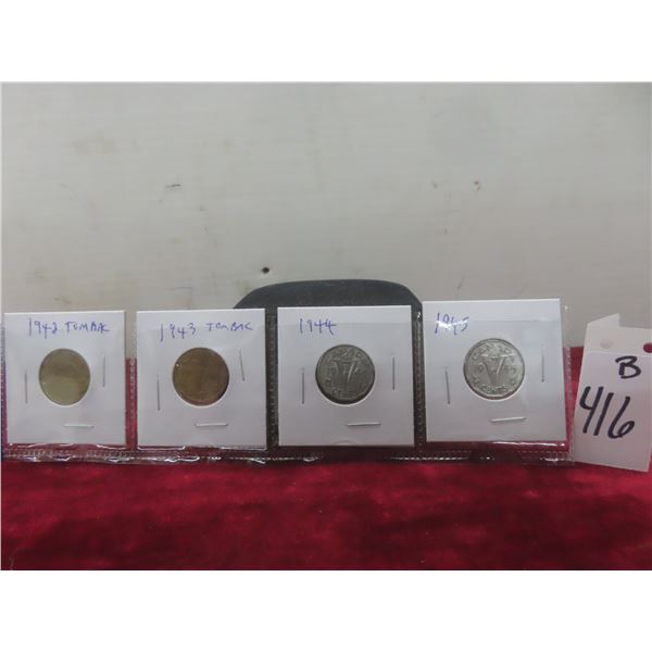 Set of Four Canadian Nickels: 1942 Tombac, 1943 Tombac, 1944, 1945