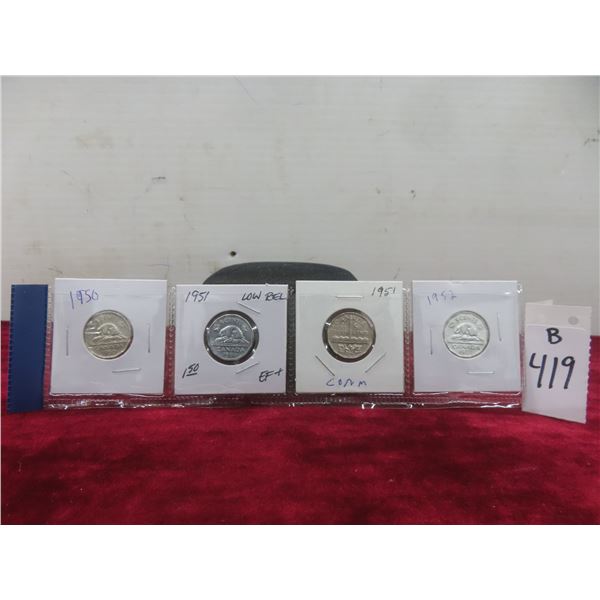Set of Four Canadian Nickels: 1950, 1951, 1951 Commemorative, 1952