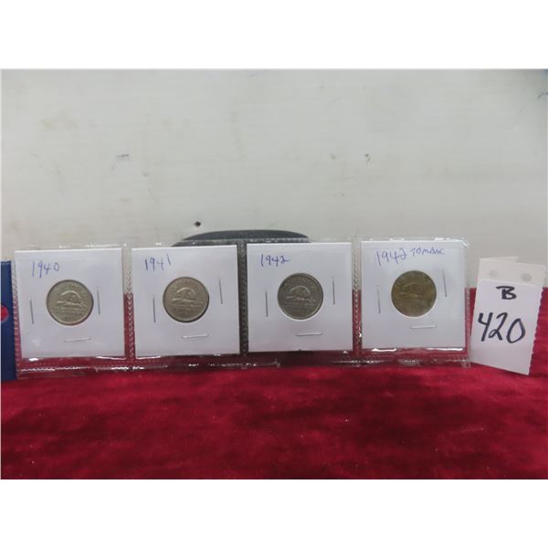 Set of Four Canadian Nickels: 1940, 1941, 1947, 1942 Tombac
