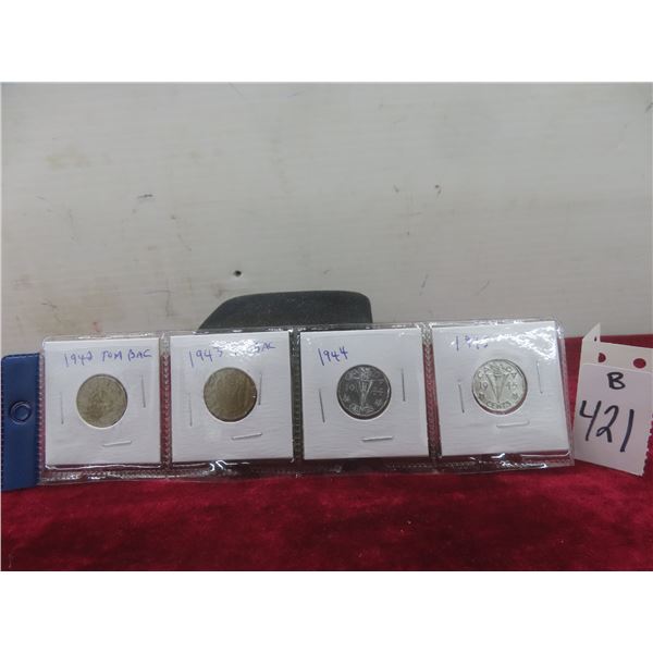 Set of Four Canadian Nickels: 1942 Tombac, 1943 Tombac, 1944, 1945