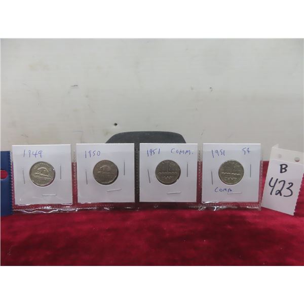 Set of Four Canadian Nickels: 1949, 1950, 1951 Commemorative, 1951 Commemorative