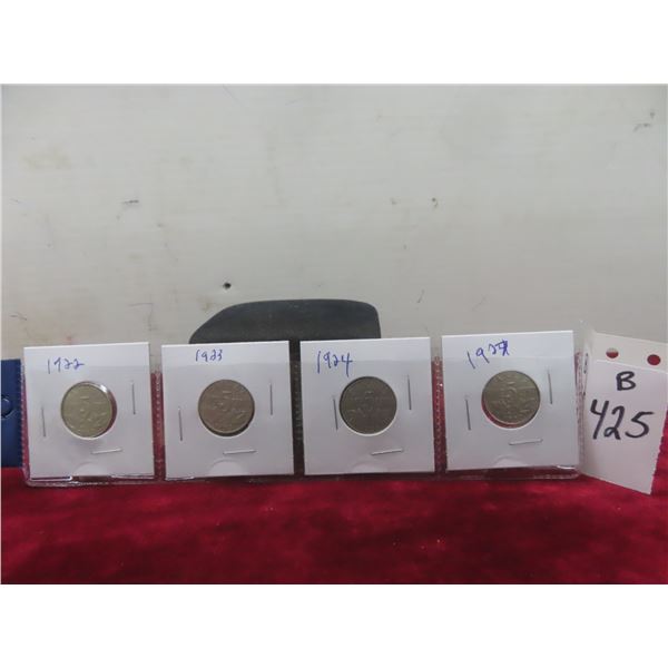 Set of Four Canadian Nickels: 1922, 1923, 1924, 1927