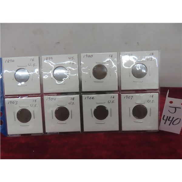 Eight U.S. Pennies: 1890, 1899, 1900, 1902, 1903, 1904, 1906, 1907