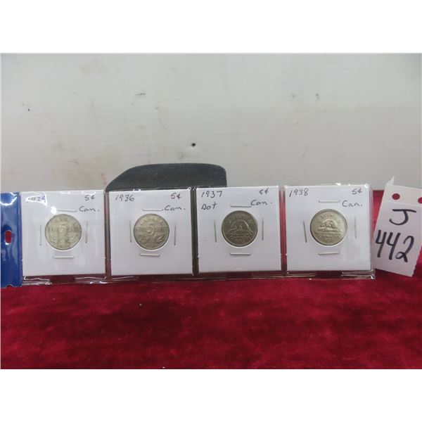 Four Canadian Nickels: 1929, 1936, 1937, 1938