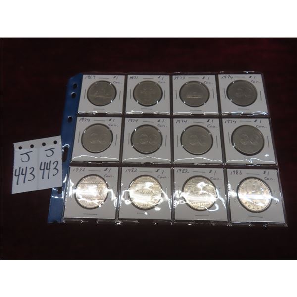 Twelve Canadian $1 Coins: 1969, 1971, 1973, 1974, 1982, 1983