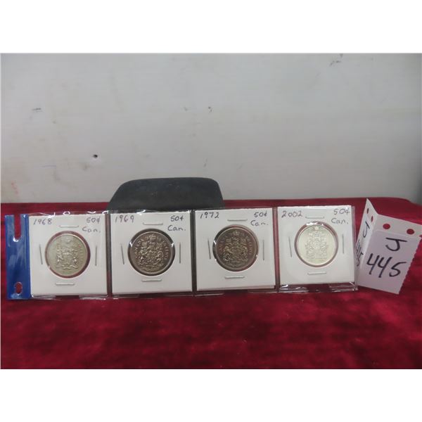 Four Canadian 50¢ Coins: 1968, 1969, 1972, 2002