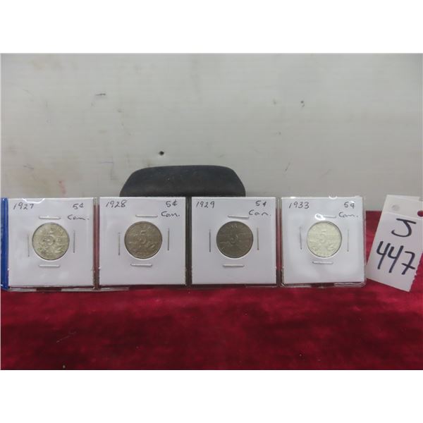 Four Canadian Nickels: 1927, 1928, 1929, 1933