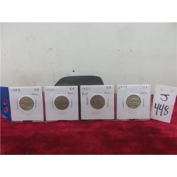 Four Canadian Nickels: 1935, 1936, 1937, 1938