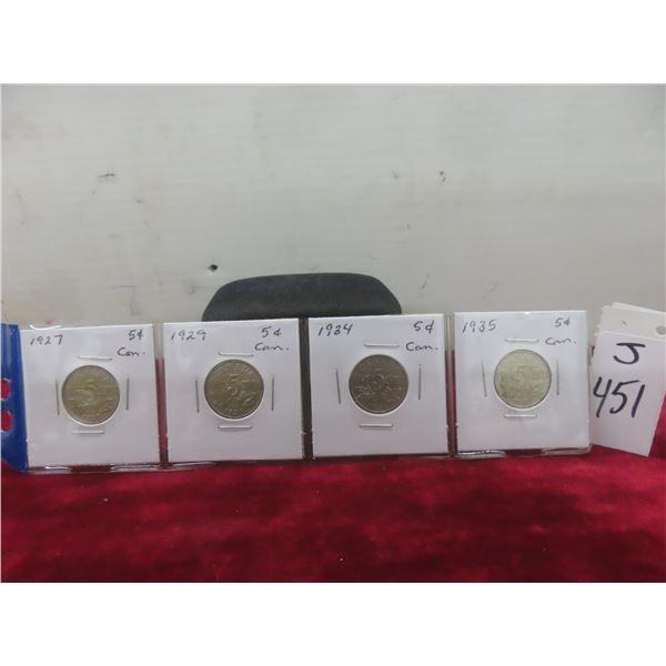 Four Canadian Nickels: 1927, 1929, 1934, 1935