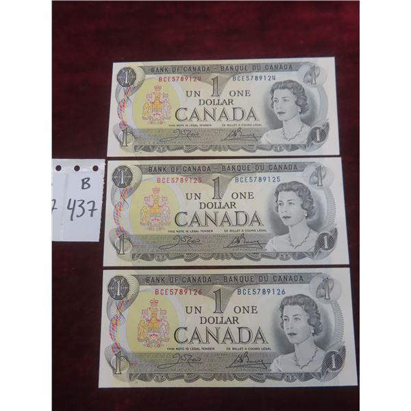 Three 1973 Canadian $1 Bills with Consecutive Serial Numbers