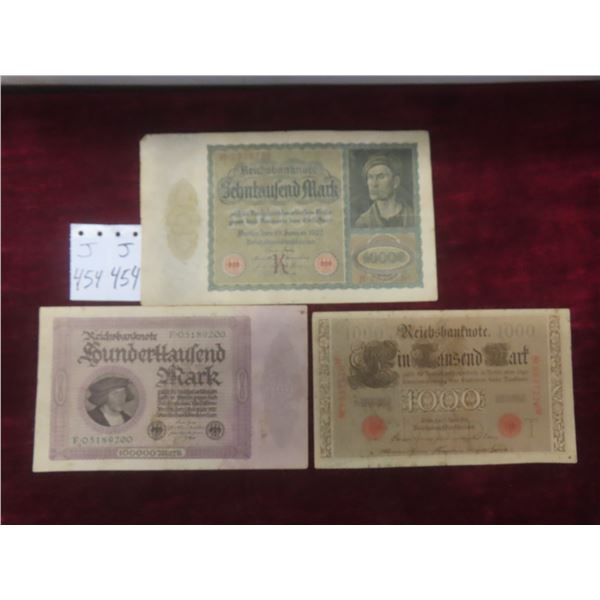German Banknotes: 1910 (1000 Mark), 1923 (100,000 Mark), 1922 (10,000 Mark)