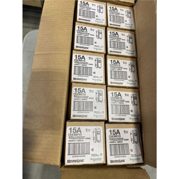 NEW CASE OF 100 SQAURE D BY SCHNEIDER ELECTRIC 15A CICUIT BREAKERS, 10 BOXES PER CASE, 10 BOXES TOTA