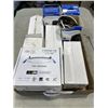 Image 1 : TRAY OF ELECTRICAL SURGE PROTECTORS, GX23 BULBS, AND 4 INCH ROUND RECESSED DOWNLIGHTS